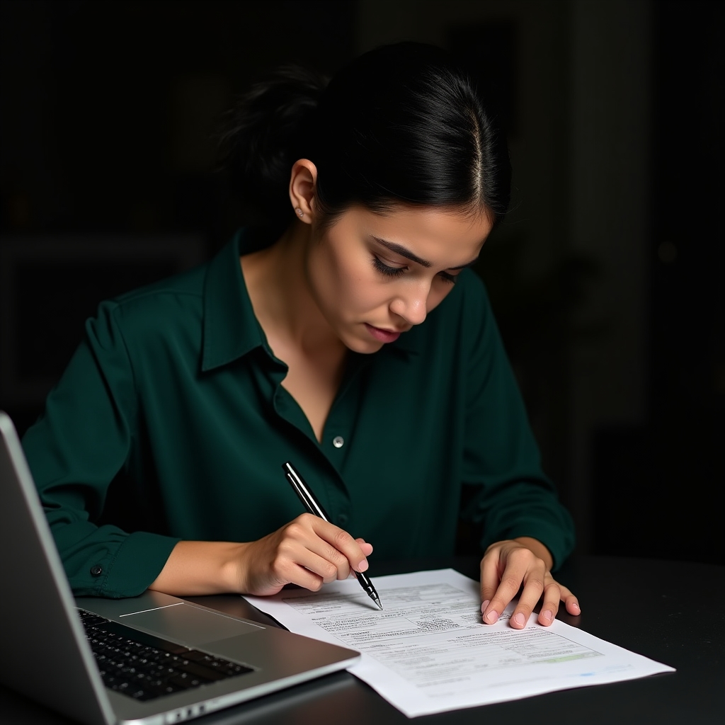 Persona che analizza attentamente un cedolino paga su scrivania moderna con laptop aperto