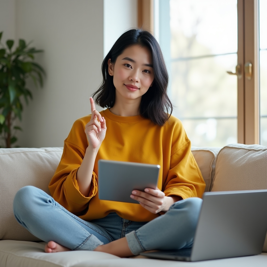 Giovane donna che confronta offerte di conti correnti su tablet e laptop in ambiente moderno