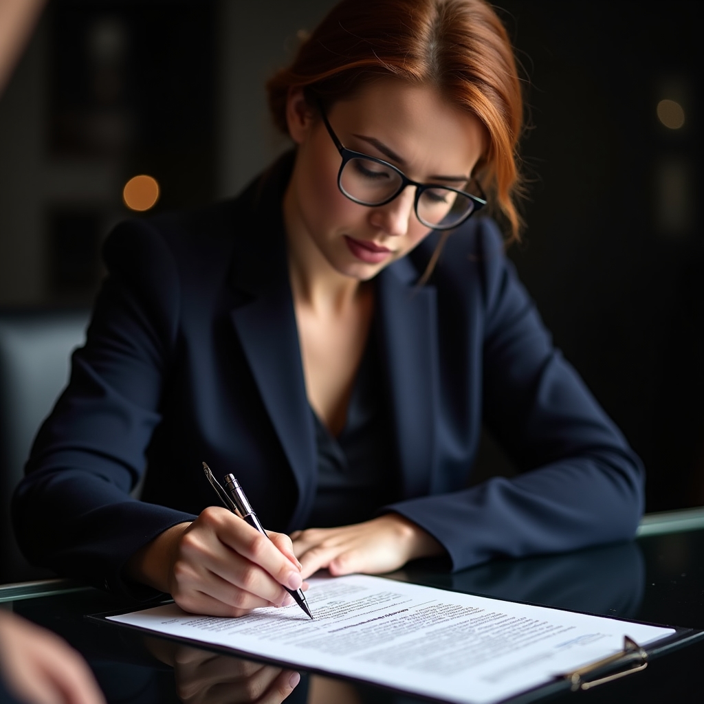Professionista che esamina attentamente un contratto finanziario con penna in mano prima di firmare