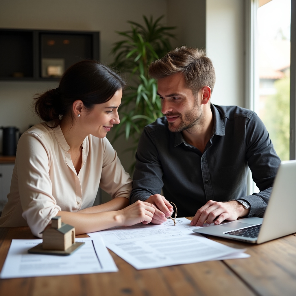 Coppia giovane italiana che esamina documenti relativi a un mutuo casa con espressione seria e concentrata