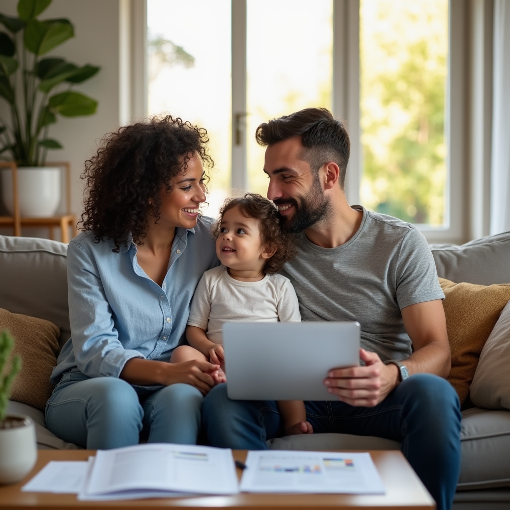 Famiglia giovane italiana con bambino piccolo che discute piani finanziari in ambiente domestico luminoso