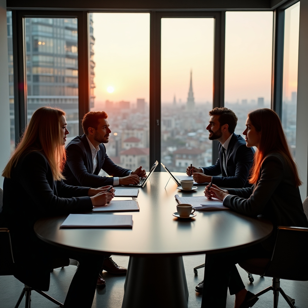 Team di fondatori di MiRentra in una riunione informale intorno a un tavolo con documenti e laptop