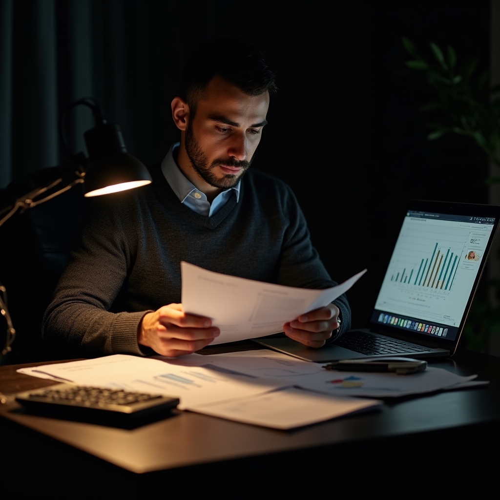 Giovane professionista italiano che studia documenti relativi al TFR e fondo pensione alla scrivania